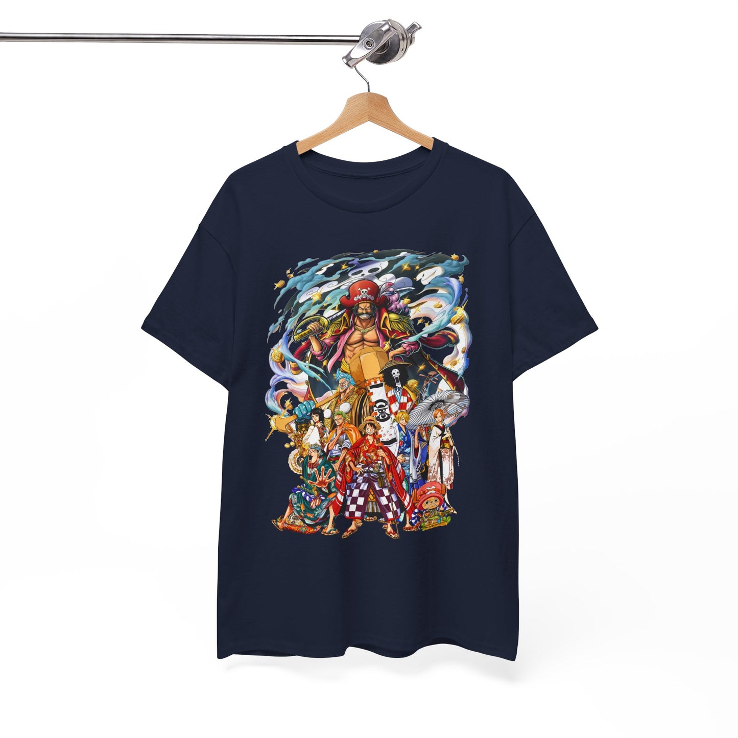 Sophisticated hanging display of the Epic 1 Piece Adventure Men's T-Shirt, featuring a captivating ensemble of characters in an adventurous pirate setting, perfect for casual or cosplay attire.