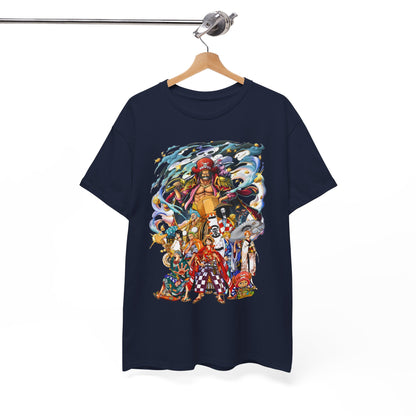 Sophisticated hanging display of the Epic 1 Piece Adventure Men's T-Shirt, featuring a captivating ensemble of characters in an adventurous pirate setting, perfect for casual or cosplay attire.