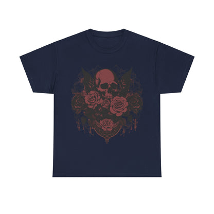 Front view of the Skulls and Roses Cotton Tee in navy, showcasing unique skull and rose graphic design.