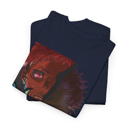 Luxurious navy blue t-shirt featuring an artistic graphic of Ryomen Sukuna with striking red hair and piercing eyes, folded elegantly to showcase its premium quality and design.