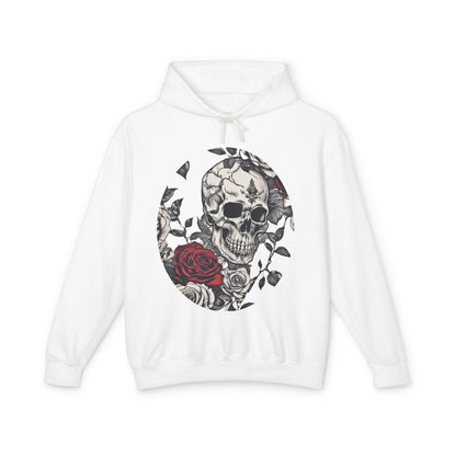 Sophisticated unisex lightweight hooded sweatshirt showcasing a unique designer skull and roses graphic in pristine white.