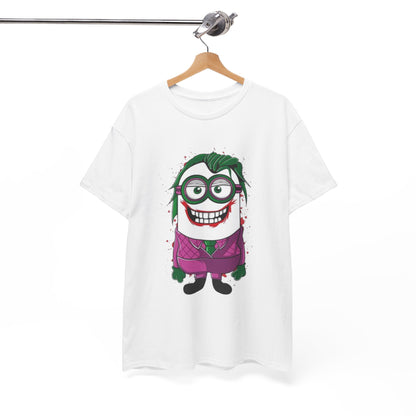 Fashion-forward white T-shirt hanging on a wooden hanger, adorned with an artistic Minion Joker graphic, showcasing a playful yet elegant vibe suitable for casual occasions.