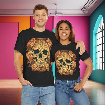 Stylish couple wearing the Skulls and Roses Cotton Tee, a luxurious unisex graphic shirt featuring intricate skull and rose designs, perfect for alternative fashion enthusiasts.