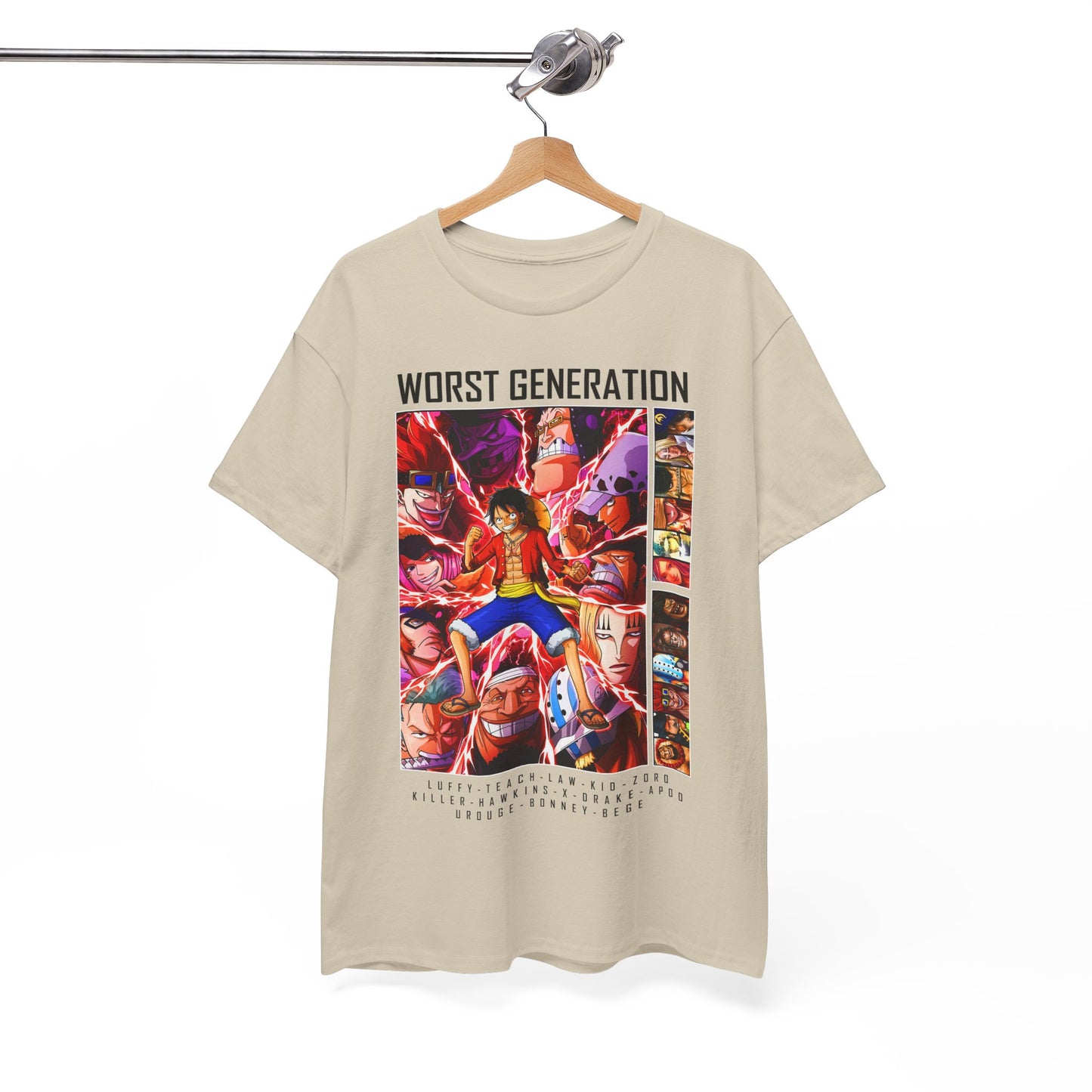 Refined beige T-shirt elegantly hung, featuring a bold 'Worst Generation' design with prominent anime characters, combining style and fandom.