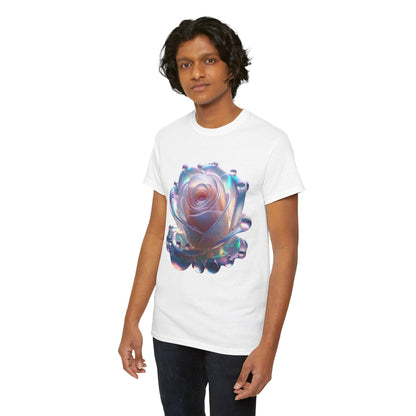 Ethereal Rose Tee Unisex Cotton Graphic T-Shirt featuring a stunning close-up design of a stylized rose with iridescent droplets, perfect for elegant and artistic casual wear.