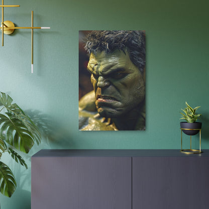 Marvel Hulk Metal Art Poster showcasing an intense close-up of the Hulk's facial features, capturing his striking expression and rugged details, perfect for adding a luxury touch to your decor.