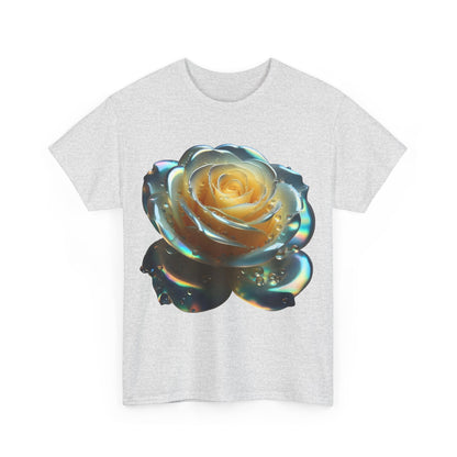The Ethereal Rose Tee Unisex Cotton Graphic T-Shirt in grey, featuring an exquisite design of a shimmering rose, combining luxury style with relaxed fit.