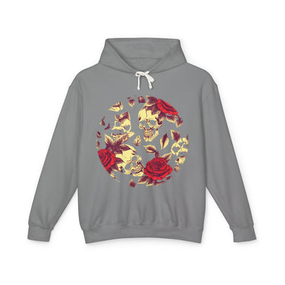 Unisex Lightweight Hooded Sweatshirt featuring a unique designer skull and roses print in a stylish grey tone, ideal for edgy streetwear.