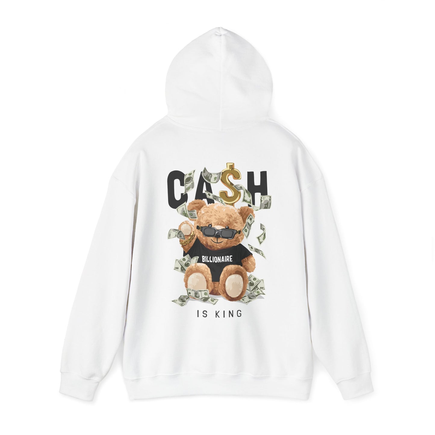 Stylish white hoodie showcasing a charming teddy bear wearing sunglasses, amidst scattered dollar bills, with the statement 'CASH IS KING' elegantly designed, ideal for adding flair to your casual outfits.