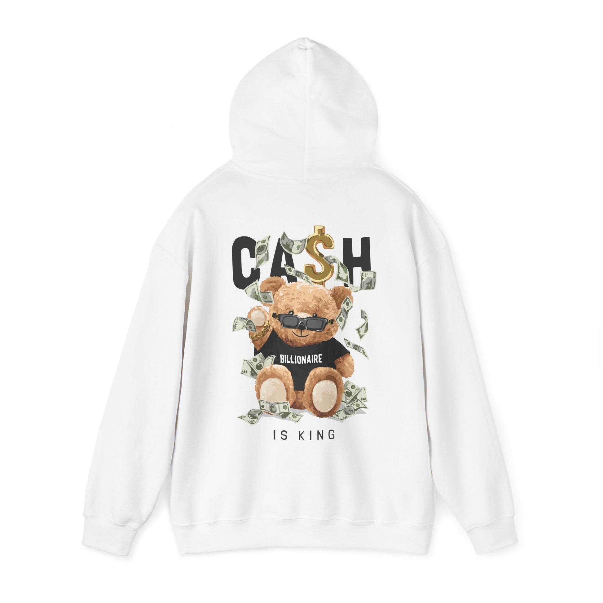 Stylish white hoodie showcasing a charming teddy bear wearing sunglasses, amidst scattered dollar bills, with the statement 'CASH IS KING' elegantly designed, ideal for adding flair to your casual outfits.