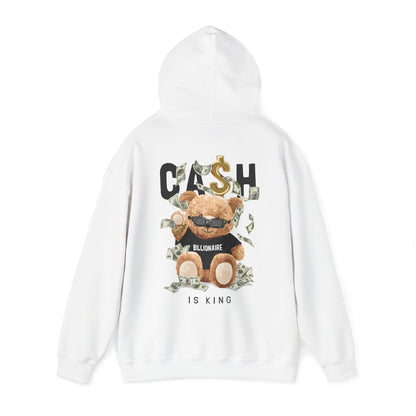 Stylish white hoodie showcasing a charming teddy bear wearing sunglasses, amidst scattered dollar bills, with the statement 'CASH IS KING' elegantly designed, ideal for adding flair to your casual outfits.