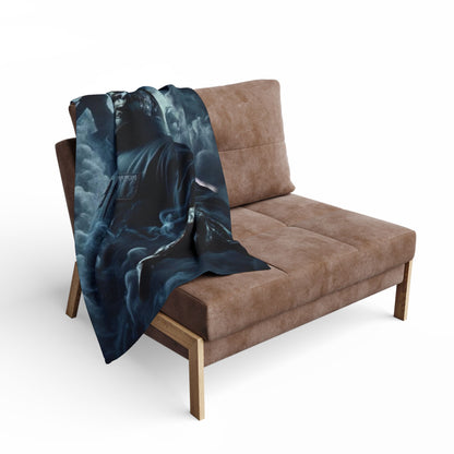 Halloween Spooky Jason Voorhees Arctic Fleece Blanket draped elegantly over a stylish couch, enhancing the luxurious ambiance for festive gatherings.