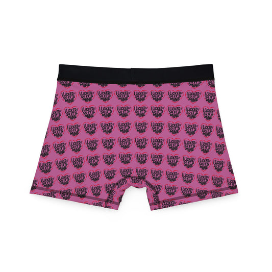 Back view of Valentines Naughty Cheeky Mens Boxer Briefs with a whimsical design showcasing the phrase "I LICKED IT SO IT'S MINE" within heart patterns. A unique blend of cheeky style and comfort for romantic celebrations.