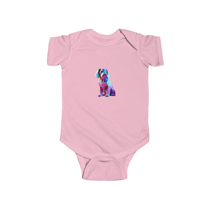 Puppy Bodysuit in pink featuring a stylish geometric puppy design, perfect for infants. An elegant addition to your baby’s wardrobe, this romper combines comfort and charm.