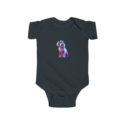 Puppy Bodysuit in navy blue showcasing a delightful geometric puppy print, ideal for fashionable infants.
