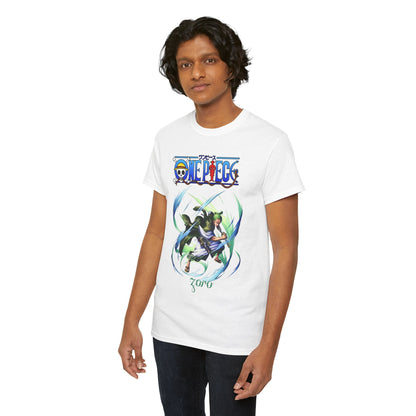 Luxury Epic Men's T-Shirt featuring Zoro from One Piece in a dynamic action pose, showcasing intricate design and vibrant colours, perfect for anime enthusiasts.