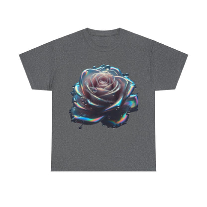 Ethereal Rose Tee Unisex Graphic T-Shirt featuring an iridescent floral design on a dark grey background, exuding luxury and artistry.