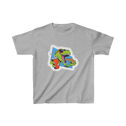 Unisex Kids T-Rex Pizza Cotton T-Shirt in grey, showcasing a whimsical dinosaur design holding pizza and a drink, perfect for imaginative young explorers.