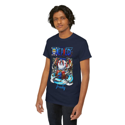 Another stylish model showcasing the navy One Piece Franky graphic t-shirt, highlighting the bold and dynamic design that celebrates anime culture.