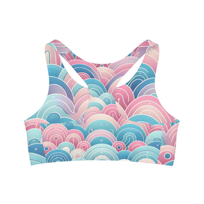 Close-up of Marcella Kensington Pastel Gradient Sports Bra highlighting its delicate microfiber polyester and spandex blend for supreme comfort and vibrant colour.