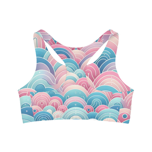 Close-up of Marcella Kensington Pastel Gradient Sports Bra highlighting its delicate microfiber polyester and spandex blend for supreme comfort and vibrant colour.