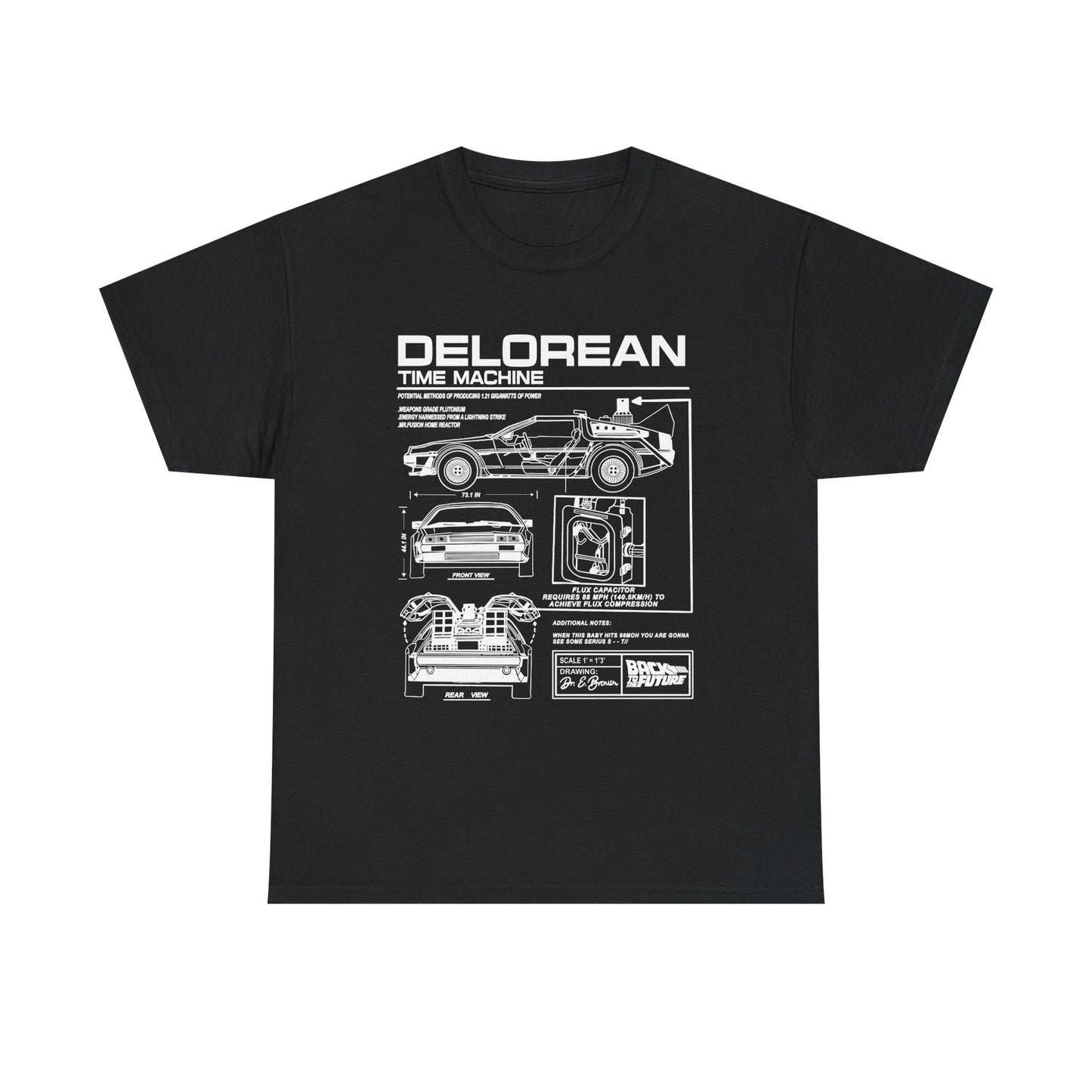 Luxurious men's black t-shirt displaying the technical drawing of the DeLorean time machine from Back to the Future, designed with elegant precision for enthusiasts.
