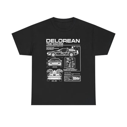 Luxurious men's black t-shirt displaying the technical drawing of the DeLorean time machine from Back to the Future, designed with elegant precision for enthusiasts.