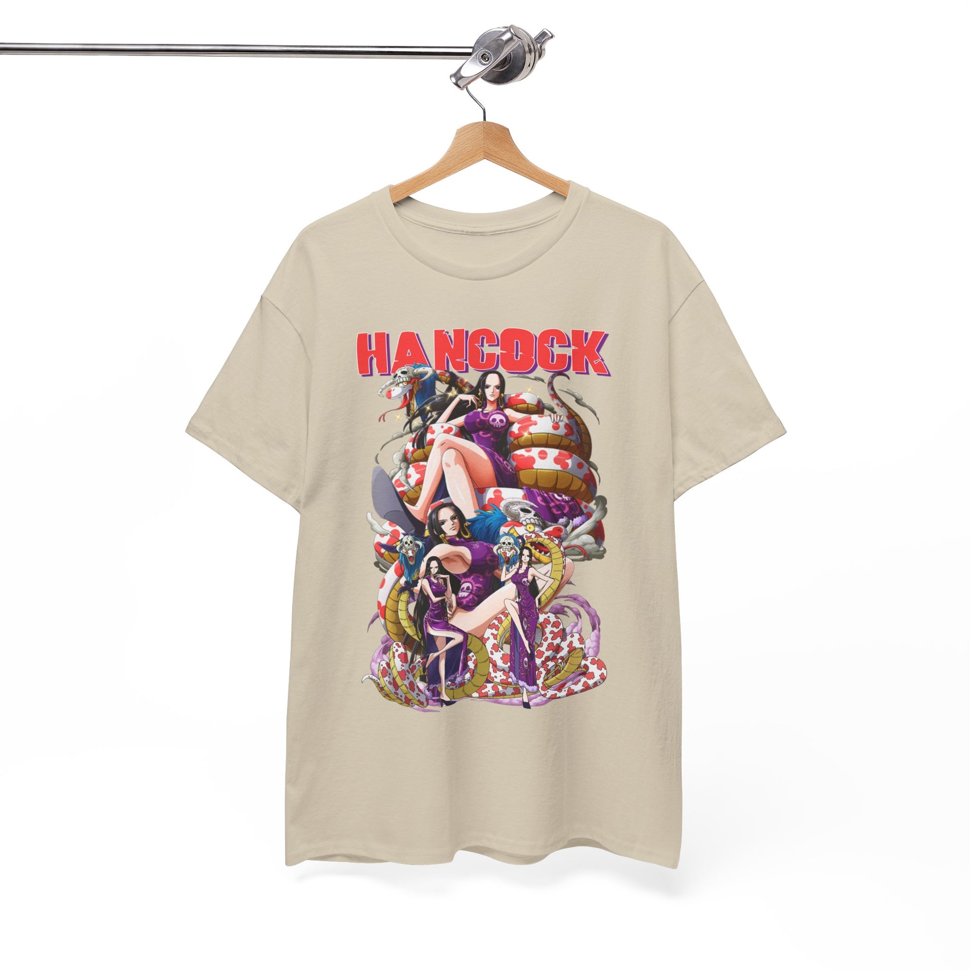 Chic Hancock-themed men's t-shirt elegantly displayed on a hanger, featuring a captivating design of Hancock surrounded by vivid imagery, perfect for anime lovers.