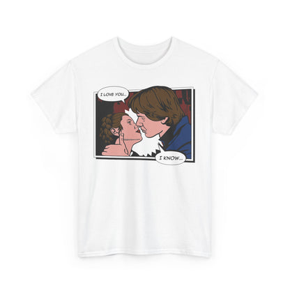 Chic Star Wars comic t-shirt capturing a romantic moment between Han Solo and Princess Leia, highlighted with the memorable dialogue 'I LOVE YOU... I KNOW...', ideal for fashion-forward fans.