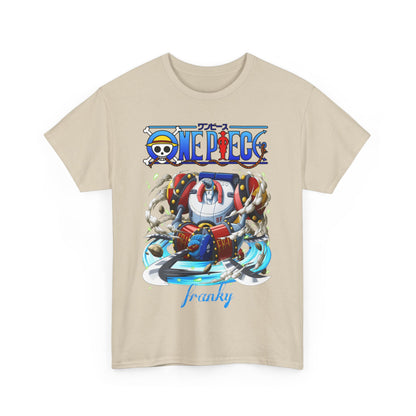 Luxurious One Piece Franky mens t-shirt featuring a vibrant graphic design, showcasing the iconic cyborg Franky against a soft beige background. Perfect for anime enthusiasts who appreciate stylish streetwear.