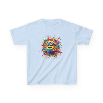 Chic Kids Minion Paint Splash T-Shirt in light blue, displaying a joyful Minion character surrounded by a burst of bright paint splatters, perfect for trendy children's clothing.