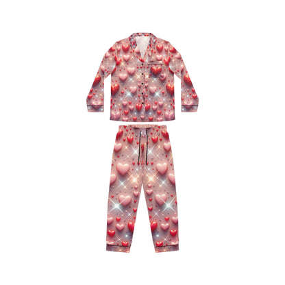 Luxury Women's Satin Pajamas in Pastel Pink with Glittering Hearts, designed for ultimate comfort from Dazzling Dreams Studio.
