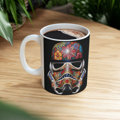 Artistic Floral Stormtrooper Mug – chic coffee mug featuring a colourful floral Stormtrooper design, set against a wooden table backdrop, perfect for luxury coffee breaks.
