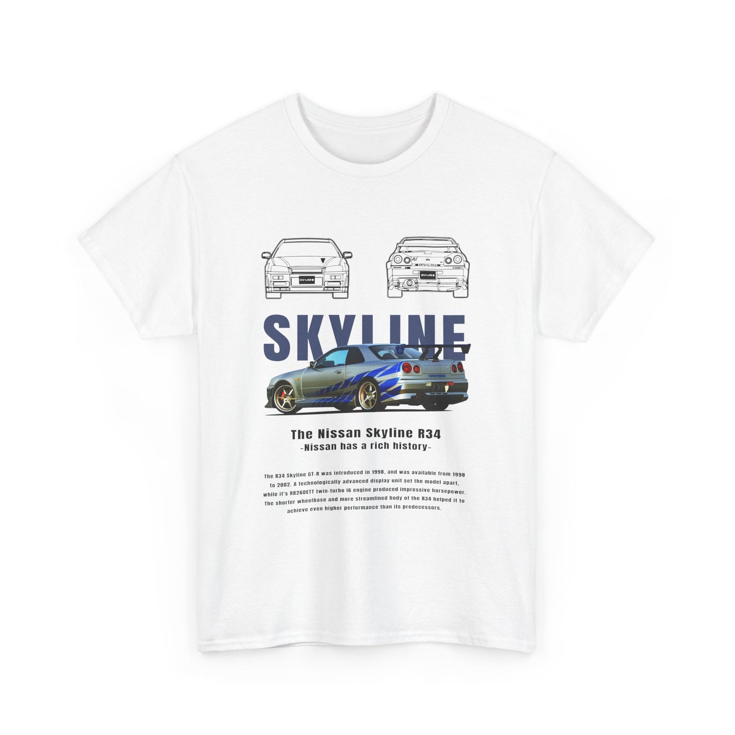 Men's white t-shirt featuring a vibrant Nissan Skyline R34 design, harmoniously blending dynamic car graphics with sleek typography, tailored for discerning car enthusiasts.