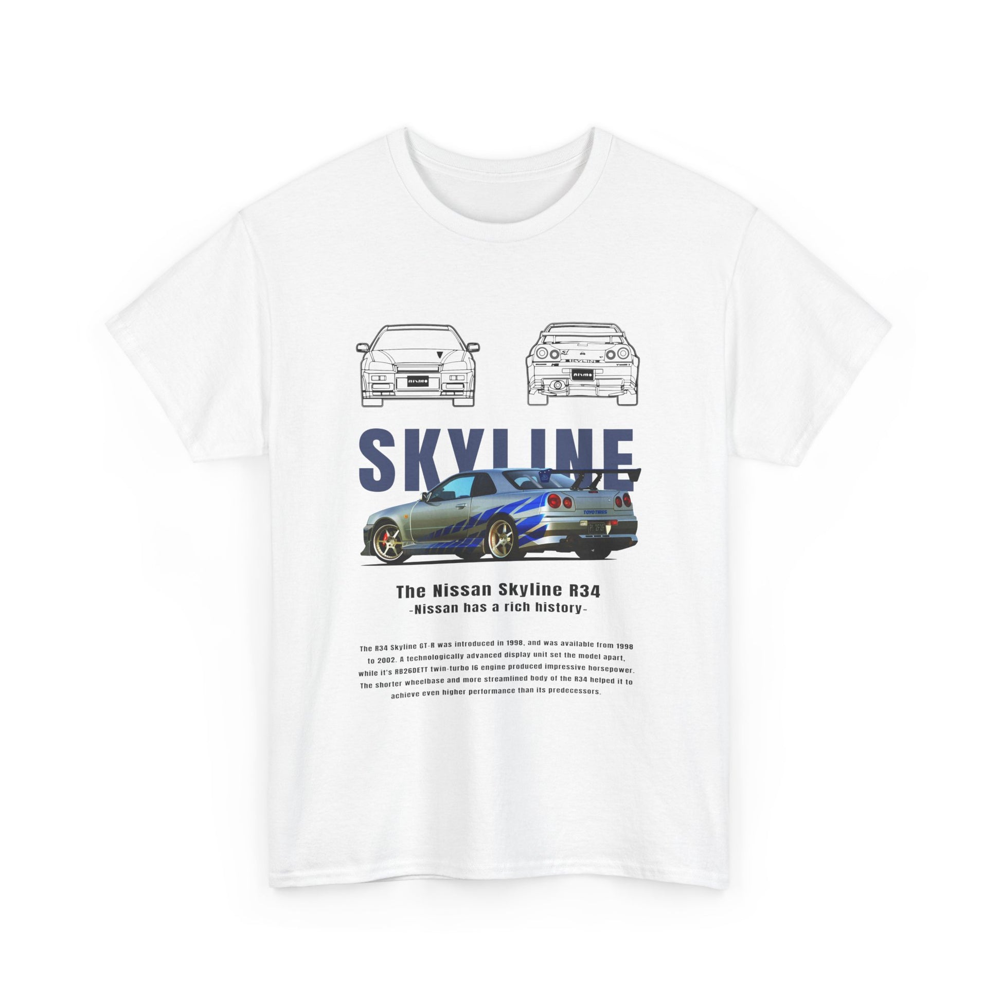 Men's white t-shirt featuring a vibrant Nissan Skyline R34 design, harmoniously blending dynamic car graphics with sleek typography, tailored for discerning car enthusiasts.