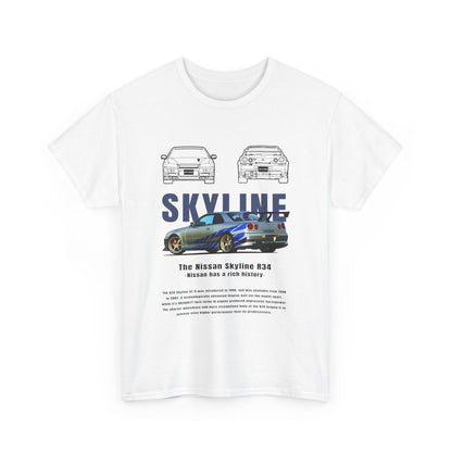 Men's white t-shirt featuring a vibrant Nissan Skyline R34 design, harmoniously blending dynamic car graphics with sleek typography, tailored for discerning car enthusiasts.