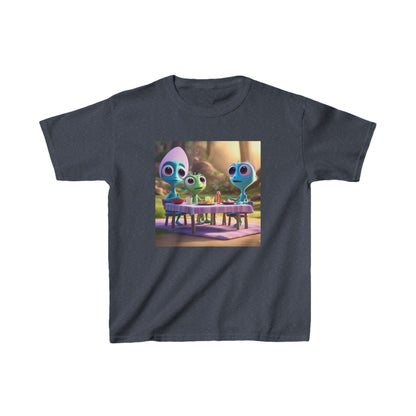 Kids Cute Aliens Heavy Cotton Tee in sophisticated navy, showcasing charming alien graphics, ideal for adventurous children seeking style and comfort.