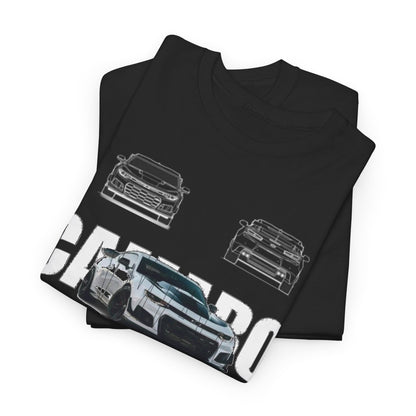 Folded black Mens Camaro ZL1 T-Shirts stacked, displaying the captivating graphic design, perfect for showcasing automotive luxury in fashion.