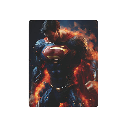 Superman Metal Art Poster highlighting a powerful image of Superman surrounded by radiant fire effects, an exquisite choice for elevating modern luxury spaces.