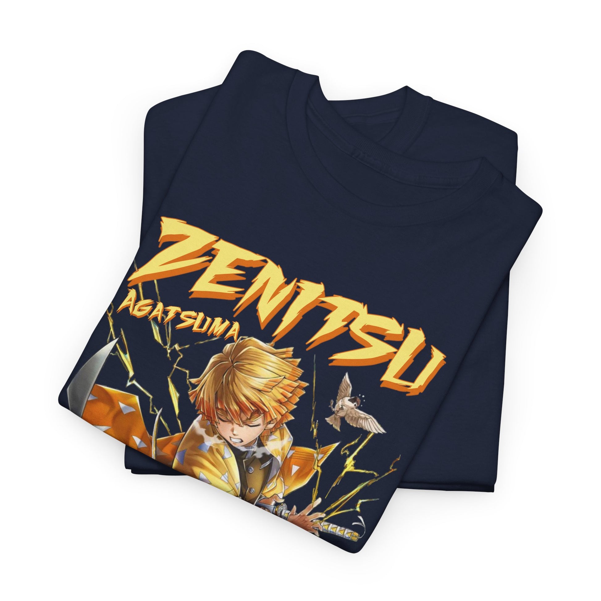 Two folded navy t-shirts featuring a dynamic design of Zenitsu Agatsuma with striking lightning graphics, perfect for anime enthusiasts.