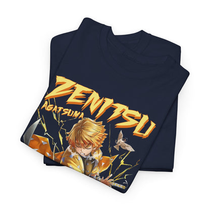 Two folded navy t-shirts featuring a dynamic design of Zenitsu Agatsuma with striking lightning graphics, perfect for anime enthusiasts.