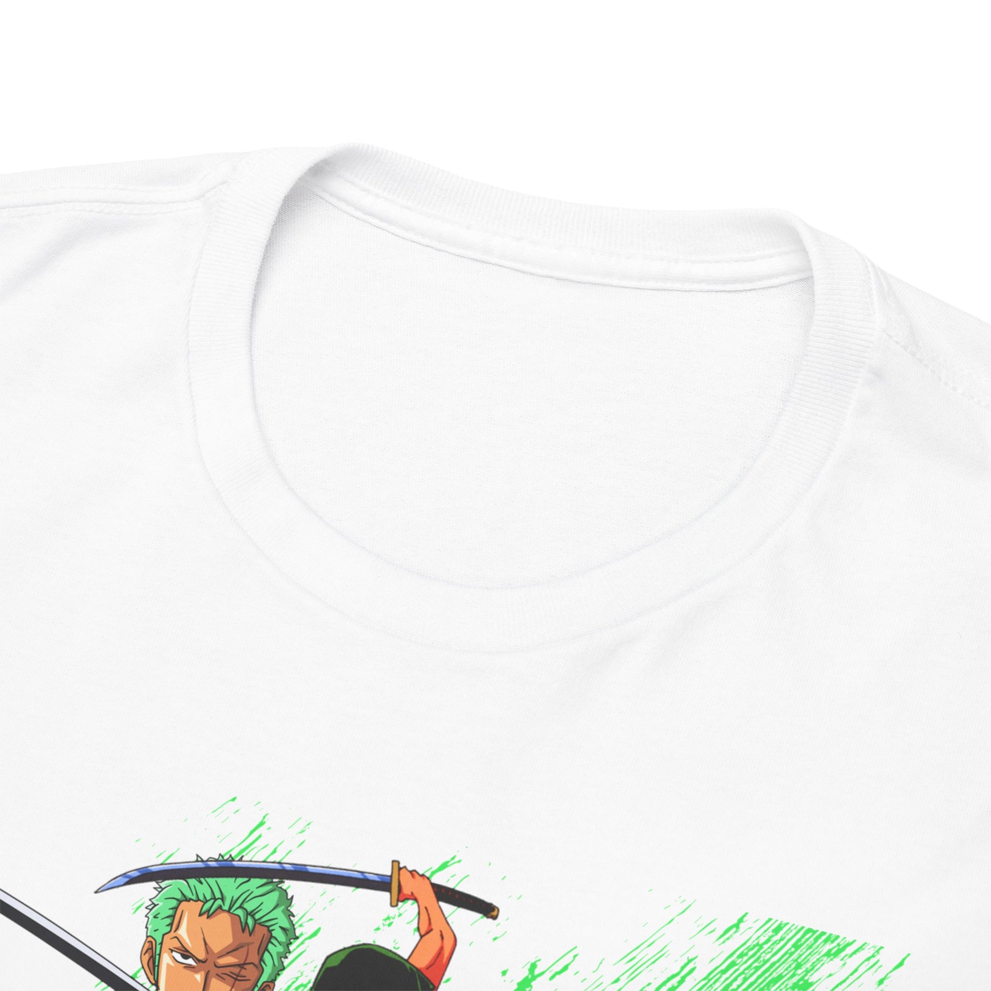 Close-up of a One Piece Zoro t-shirt neckline, showcasing meticulous stitching and high-quality fabric, designed for luxury and comfort.