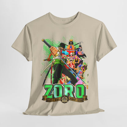 Luxurious One Piece Zoro T-shirt featuring a striking graphic design of Zoro with a vibrant colour palette, perfect for anime enthusiasts.