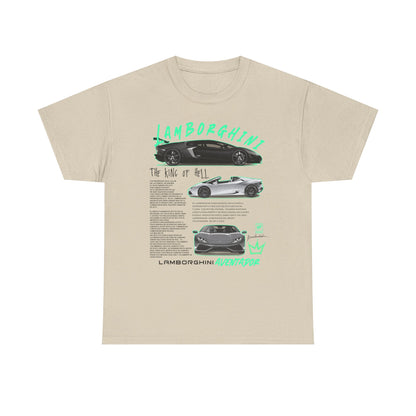 Elegant beige men's t-shirt featuring a stylish Lamborghini Aventador graphic, incorporating dynamic illustrations and key historical facts about the vehicle, displayed in a sophisticated teal-green colour scheme.