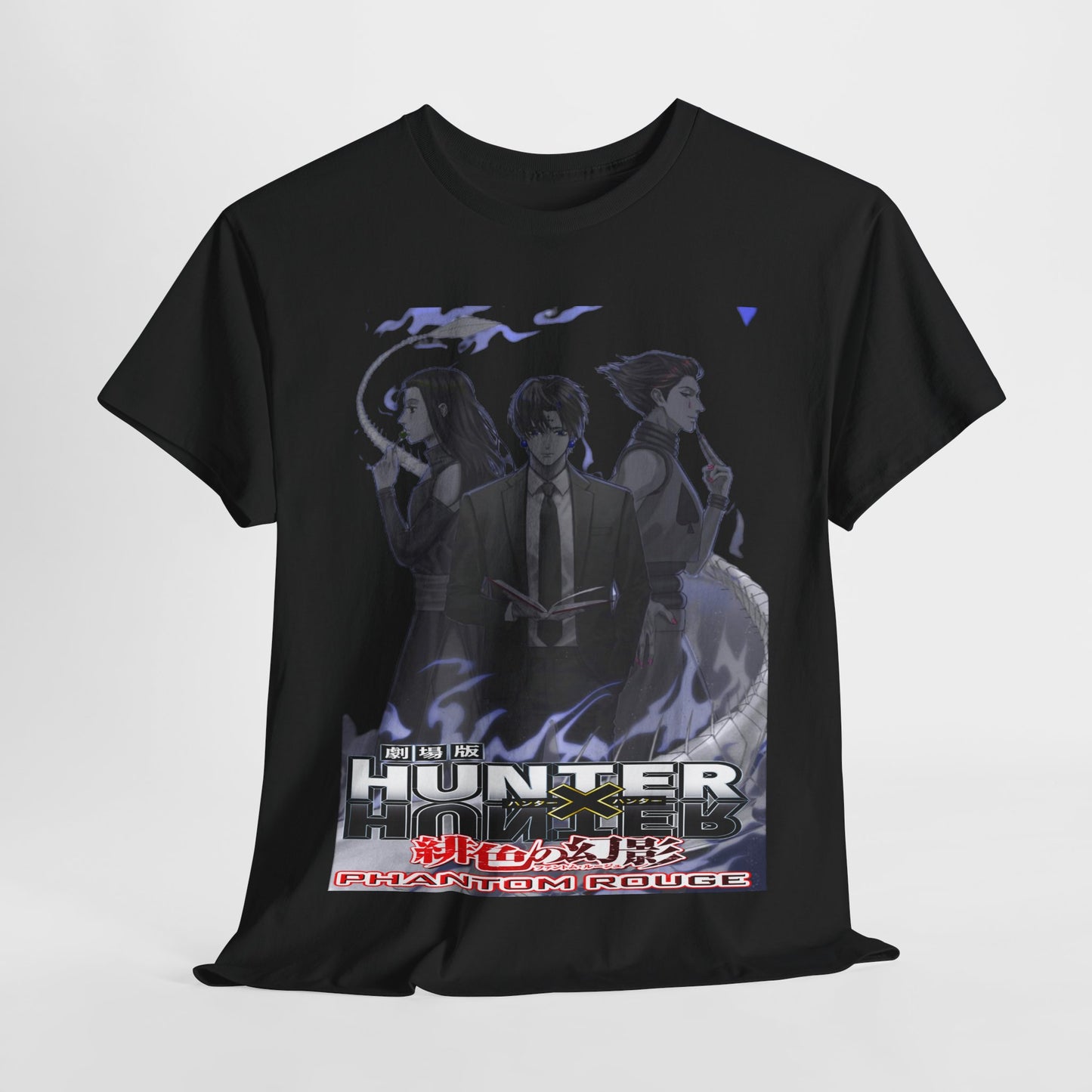 Luxuriously designed black Hunter x Hunter Phantom Rouge T-shirt featuring iconic anime characters with striking grayscale visuals.
