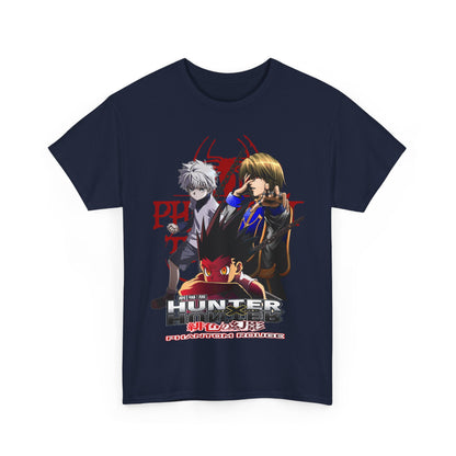 Luxurious navy T-shirt featuring a dynamic graphic design inspired by the anime 'Hunter x Hunter: Phantom Rouge' with prominent characters.