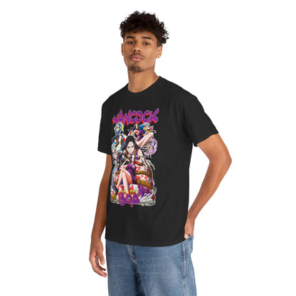 Luxurious black Boa Hancock T-shirt featuring vibrant anime-inspired artwork with striking typography, showcasing the beloved characters from One Piece in a captivating montage.