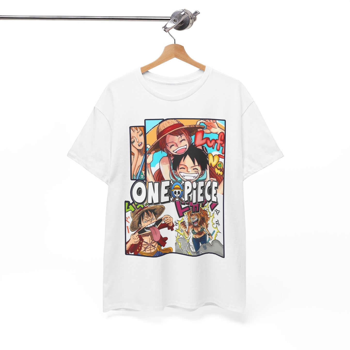 Elevated display of a One Piece Manga T-Shirt on a hanger, showcasing an eye-catching anime collage design, ideal for stylish fandom.