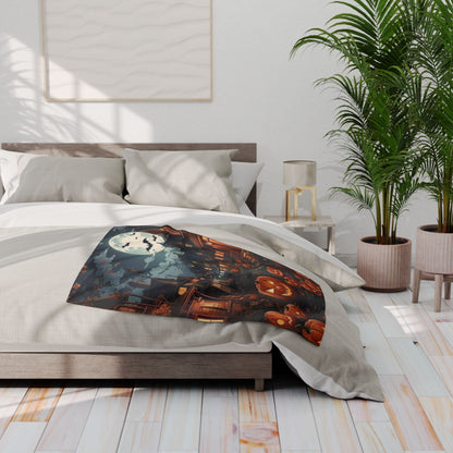 Luxurious Decorative and Warm Halloween Spooky Arctic Fleece Blanket draped over a stylish bed, enhancing the seasonal decor.