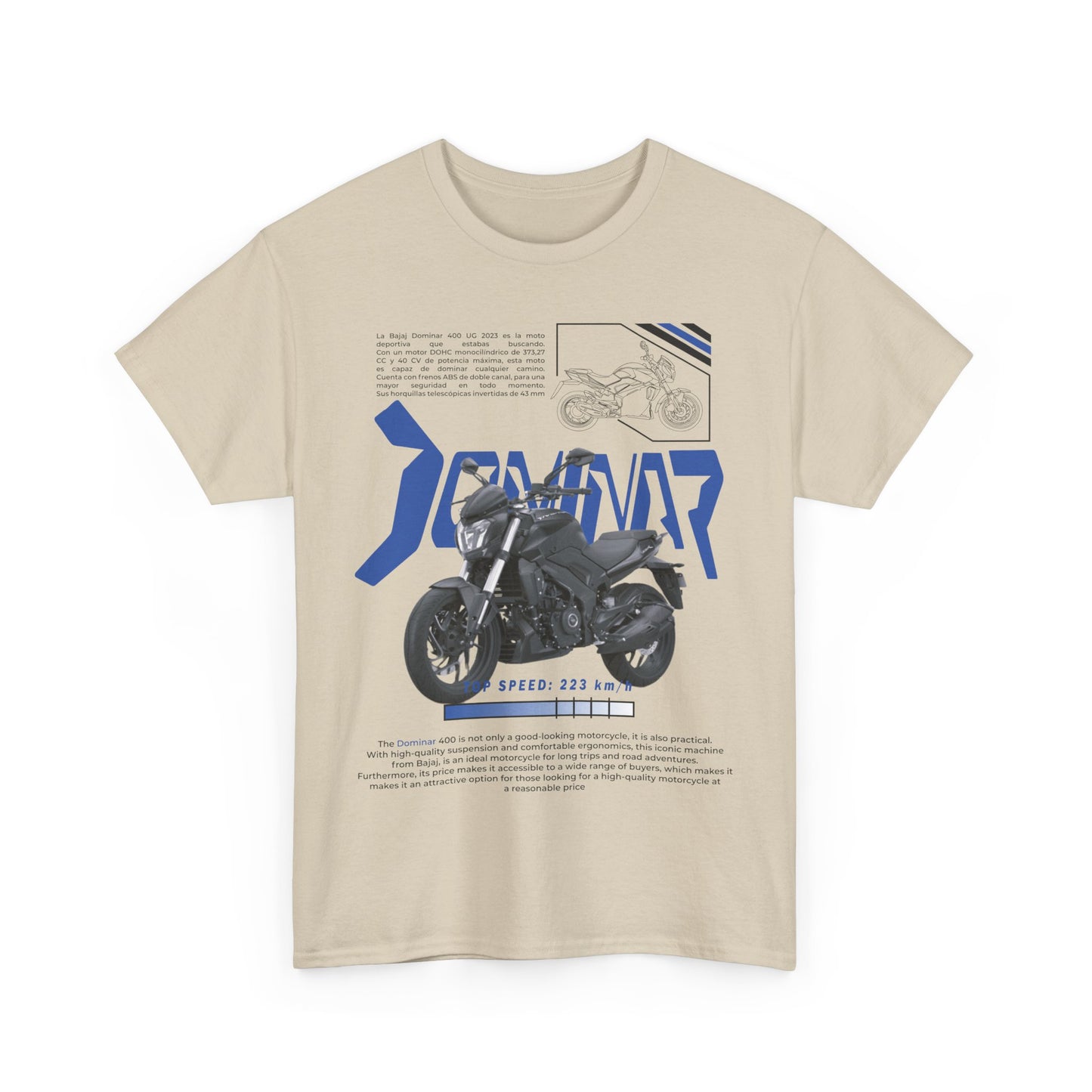 Stylish men's t-shirt featuring an artistic blue and black motorcycle print with modern typography, emphasising the spirit of adventure.
